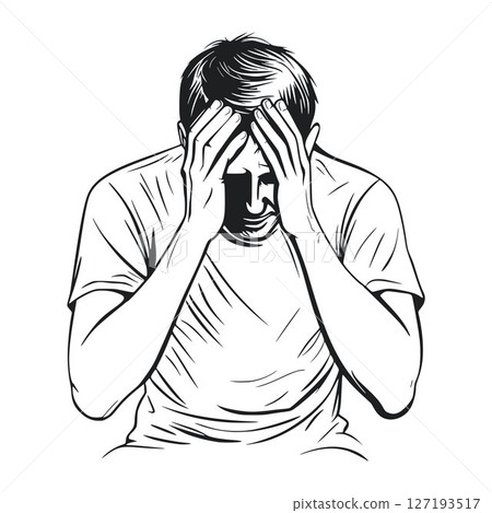 Upset and depressed man holding head black silhouette on white background 127193517