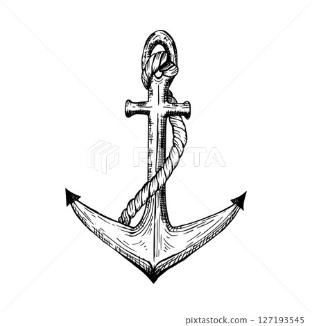 A maritime anchor wrapped in a thick rope. Black and white hand drawn vector illustration. Graphic sketch in line art style. Isolated on white background. Ideal for marine or vintage themed designs. A maritime anchor wrapped in a thick rope. Black and white hand drawn vector illustration. Graphic sketch in line art style. Isolated on white background. Ideal for marine or vintage themed designs. 127193545