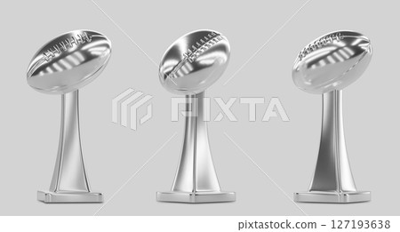 Super Bowl trophy, Vince Lombardi sterling silver prize in shape of ball. Winner award for NFL championship, American football sport. Realistic 3d set of metal cup in different angles. 3D illustration Super Bowl trophy, Vince Lombardi sterling silver prize in shape of ball. Winner award for NFL championship, American football sport. Realistic 3d set of metal cup in different angles. 3D illustration 127193638