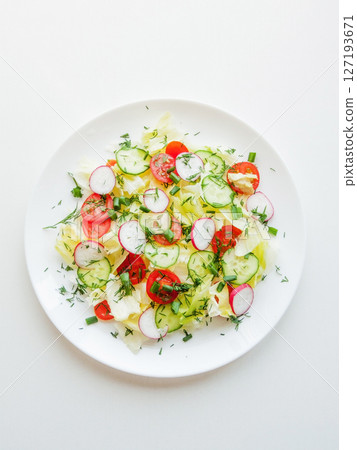 Plate with fresh spring salad of sliced radish, cherry tomatoes, cucumber, greens and iceberg salad covered in olive oil, top view of plate with vitamin meal. Plate with fresh spring salad of sliced radish, cherry tomatoes, cucumber, greens and iceberg salad covered in olive oil, top view of plate with vitamin meal. 127193671