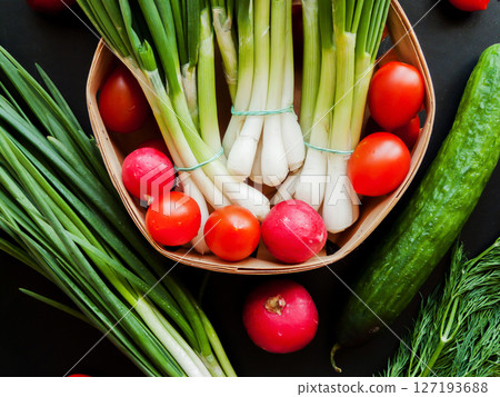 Fresh red cherry tomatoes, green leek, radish and cucumber in basket on table background, top view of vegetables. Fresh red cherry tomatoes, green leek, radish and cucumber in basket on table background, top view of vegetables. 127193688