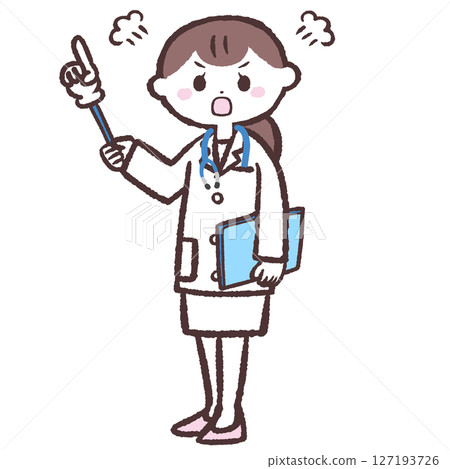 Illustration of an angry female doctor pointing up Illustration of an angry female doctor pointing up 127193726
