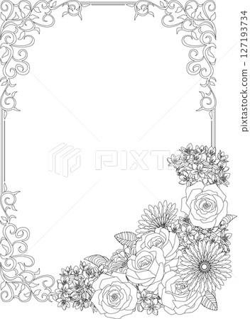 Vintage calligraphy style frame material 134 <Flowers, decorative borders, decorative frames, monochrome line drawings> 127193734