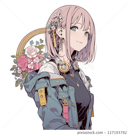 Illustration of a cute woman with flower decoration 127193782