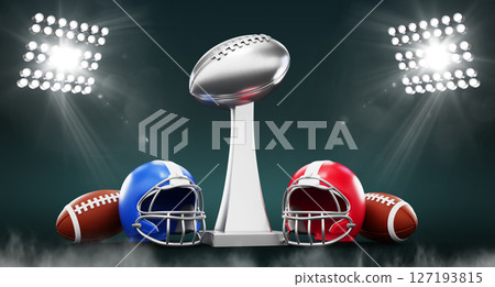 Super Bowl Sunday 3d background. American football gridiron with blue and red helmet, ball and silver Vince Lombardi trophy illuminated by spotlights. Final game for NFL championship. 3D illustration 127193815