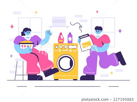 Laundry Room Vector Illustration Featuring Washing and Drying Machines, with a Basket Filled with Dirty Clothes in a Flat Style Cartoon Background Laundry Room Vector Illustration Featuring Washing and Drying Machines, with a Basket Filled with Dirty Clothes in a Flat Style Cartoon Background 127193883