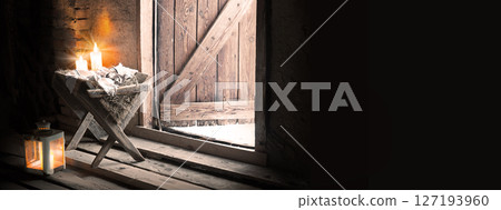 Manger in the barn. Christmas background Manger in the barn. Christmas background 127193960