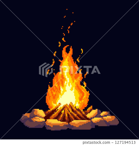 Pixel art of a campfire with bright flame and firewood surrounded by stones. Stylized retro bonfire on dark background, vector illustration. 127194513