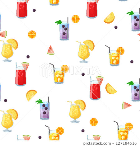 Seamless summer pattern with pixel art cocktails and fruits. Colorful 8-bit design with pineapple, watermelon, orange and blackberry. Bright retro style for fabric, wallpaper or digital use. Seamless summer pattern with pixel art cocktails and fruits. Colorful 8-bit design with pineapple, watermelon, orange and blackberry. Bright retro style for fabric, wallpaper or digital use. 127194516