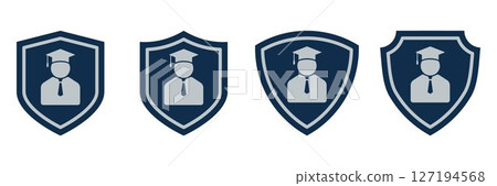 Education Security Badge Icons. Graduation Cap and Shield Set in Blue and Gray. Academic Emblem Collection for Certification, Learning Safety and School Protection Concepts. 127194568