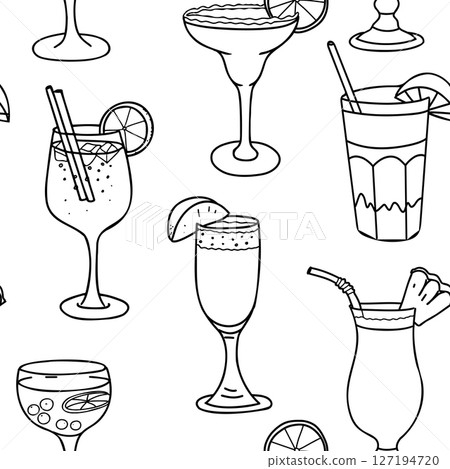 Cocktails graphic Seamless pattern. Aperol Spritz, Margarita, Bellini, Pina Colada and Tequila Sunrise. Hand drawn Vector illustration in Doodle style. For restaurant menus and graphic design projects 127194720