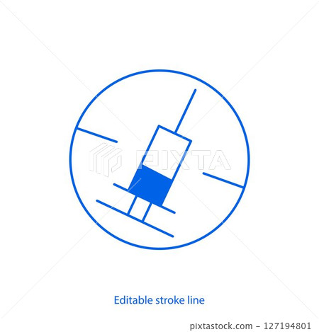 No syringe, hormones, antibiotic, drugs icon. No injection symbol. Vector stock illustration isolated on white background for design template medical, pharmacy, hospital. Editable stroke line No syringe, hormones, antibiotic, drugs icon. No injection symbol. Vector stock illustration isolated on white background for design template medical, pharmacy, hospital. Editable stroke line 127194801
