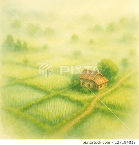 Watercolor illustration of a countryside and a house shrouded in morning mist 127194812