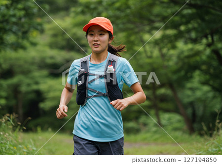 Female trail runner running alone in the mountains 127194850