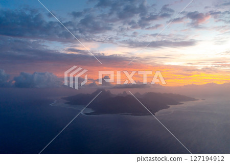 Aerial view of Moorea island at sunset, French Polynesia 127194912