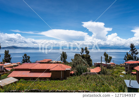 Village on Amantani Island overlooking Lake Titicaca, Peru 127194937
