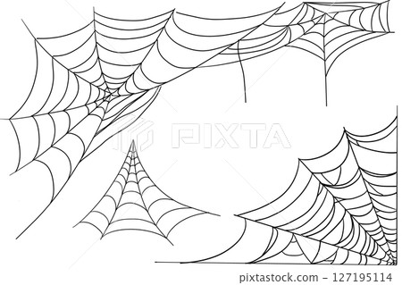 Spiderweb corner line border, gothic scary hanging net frame. Simple spooky halloween decoration. Cobweb spider trap. Spiderweb corner line border, gothic scary hanging net frame. Simple spooky halloween decoration. Cobweb spider trap. 127195114