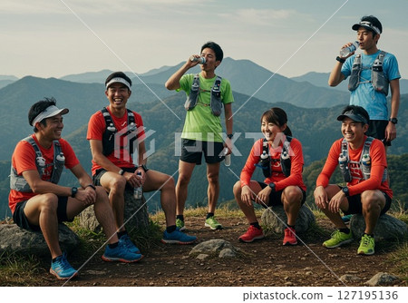 A runner drinking water during a break during trail running 127195136