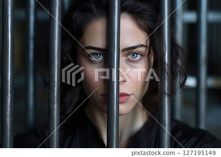 Woman behind bars. Imprisioned girl. Ai Generative 127195149