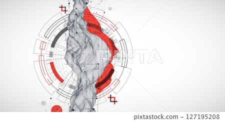 Abstract data background with wireframe wave and circuit lines. Technology concept. Vector 127195208