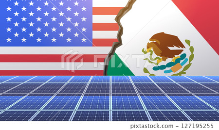 USA Mexico trade war concept with solar panels and torn flags background. Illustrates economic conflict and renewable energy. Ideal for banner or website 127195255