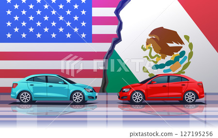 Trade war USA Mexico concept illustration. Two cars face off against a backdrop of torn USA and Mexico flags symbolizing tariffs conflict. Colorful automotive theme Trade war USA Mexico concept illustration. Two cars face off against a backdrop of torn USA and Mexico flags symbolizing tariffs conflict. Colorful automotive theme 127195256