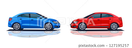 Two cars facing each other symbolizing trade war concept blue and red vehicles on reflective surface automotive competition theme 127195257