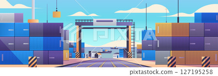 Shipping containers port trade logistics concept. Stacked colorful containers with a crane and ship under a clear sky. Industrial seaport scene Shipping containers port trade logistics concept. Stacked colorful containers with a crane and ship under a clear sky. Industrial seaport scene 127195258