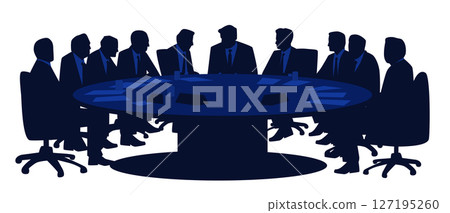 Business meeting negotiation silhouettes concept. Group of people in suits around a round table discussing. Dark blue monochrome style corporate setting Business meeting negotiation silhouettes concept. Group of people in suits around a round table discussing. Dark blue monochrome style corporate setting 127195260