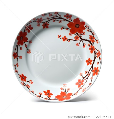 Imari ware Japanese plate with cherry blossom pattern. Imari ware is said to be the oldest porcelain in Japan, and is a traditional and beautiful Japanese plate produced in Saga Prefecture. 127195324