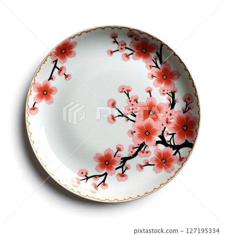 Imari ware Japanese plate with cherry blossom pattern. Imari ware is said to be the oldest porcelain in Japan, and is a traditional and beautiful Japanese plate produced in Saga Prefecture. 127195334