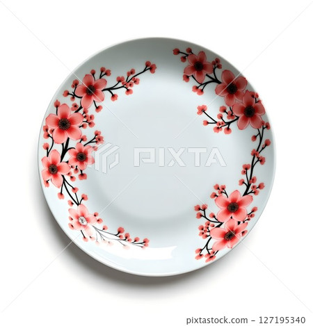 Imari ware Japanese plate with cherry blossom pattern. Imari ware is said to be the oldest porcelain in Japan, and is a traditional and beautiful Japanese plate produced in Saga Prefecture. 127195340