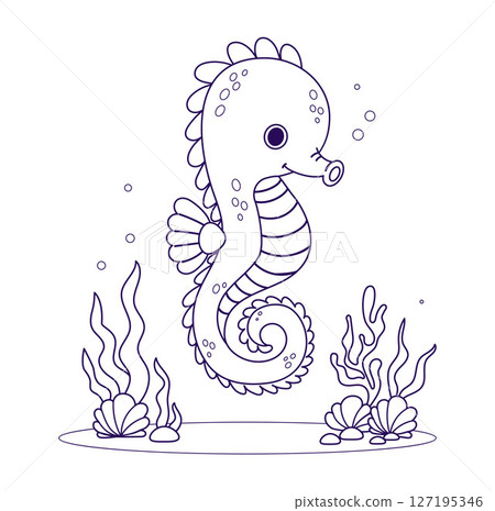 Outline Cute Seahorse with algae and coral on seabed. Line drawing, coloring book. Vector illustration. Kids collection Outline Cute Seahorse with algae and coral on seabed. Line drawing, coloring book. Vector illustration. Kids collection 127195346