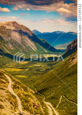 Green valley from Trollstigen mountain area Green valley from Trollstigen mountain area 127195512