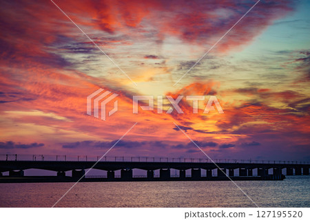 Storebaelt Bridge in Denmark at sunrise Storebaelt Bridge in Denmark at sunrise 127195520