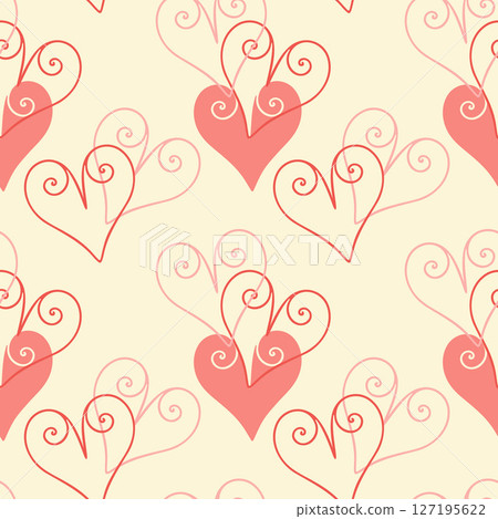 Pink lace heart shapes, beige pattern with heart outlines. Romantic love background. Wallpaper, backdrop, wrapper, packaging. 127195622
