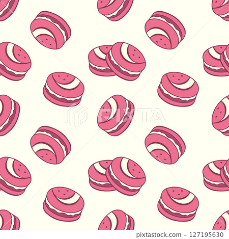 Creme pattern with pink macaroons. Strawberry delicious cookies with cream filling. Creme pattern with pink macaroons. Strawberry delicious cookies with cream filling. 127195630