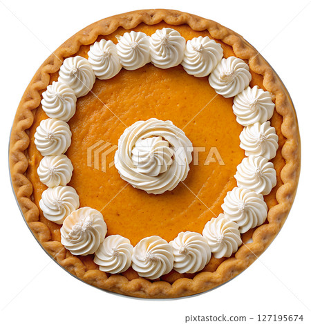 Delicious pumpkin pie with whipped cream isolated on transparent background, homemade thanksgiving dessert 127195674