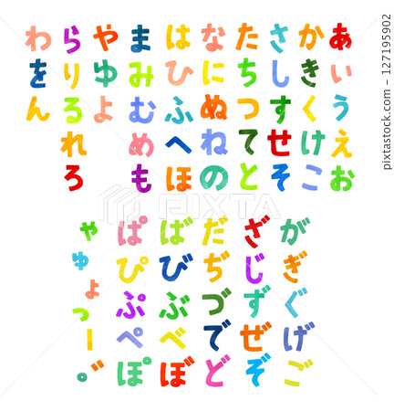 A colorful set of hiragana and 50 sounds (including voiced and semi-voiced sounds) Cute hand-drawn watercolor illustrations and handwritten characters A colorful set of hiragana and 50 sounds (including voiced and semi-voiced sounds) Cute hand-drawn watercolor illustrations and handwritten characters 127195902