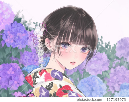 A woman wearing a yukata and purple hydrangea background AI image A woman wearing a yukata and purple hydrangea background AI image 127195973