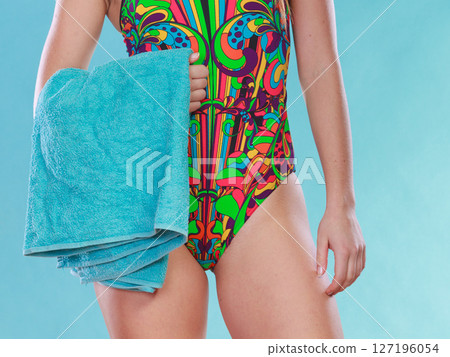 Woman girl in swimsuit with towel. Woman girl in swimsuit with towel. 127196054