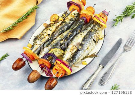 Tasty seafood shashlik, seafood skewers. Tasty seafood shashlik, seafood skewers. 127196158