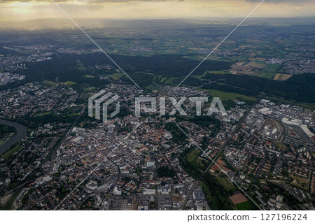 Hanau Germany aerial panorama landscape at sunset from airplane before landing to Frankfurt airport 127196224
