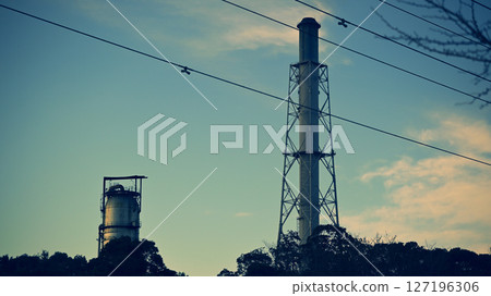 Sunset sky and factory chimneys Sunset sky and factory chimneys 127196306