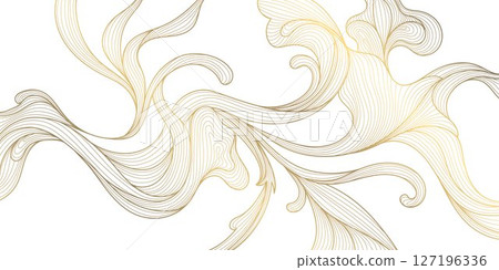 Vector line gold on white leaves, flower art, tea elegant pattern. Art deco, japanese floral luxury illustration. Wave jungle, tree branch summer motif. 127196336
