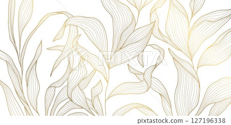 Vector line gold on white leaves, flower art, tea elegant pattern. Art deco, japanese floral luxury illustration. Wave jungle, tree branch summer motif. 127196338