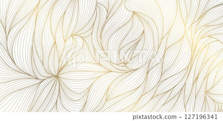 Vector line gold on white leaves, flower art, tea elegant pattern. Art deco, japanese floral luxury illustration. Wave jungle, tree branch summer motif. Vector line gold on white leaves, flower art, tea elegant pattern. Art deco, japanese floral luxury illustration. Wave jungle, tree branch summer motif. 127196341