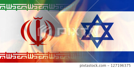 Conflict, war at Middle East. Israel and Iran flags with flames between. 127196375