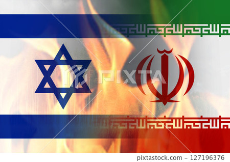 Conflict, war at Middle East. Israel and Iran flags with flames between. 127196376