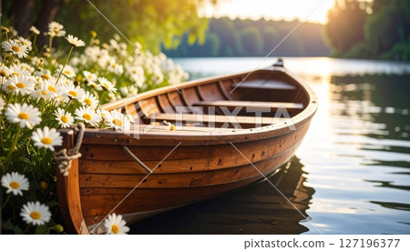 Old wooden fishing boat on the serene lake water with a vibrant reflection of the summer sky and surrounding nature 127196377